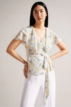 Ted Baker Blue Gemmiaa Ruffle Sleeves Wrap Top