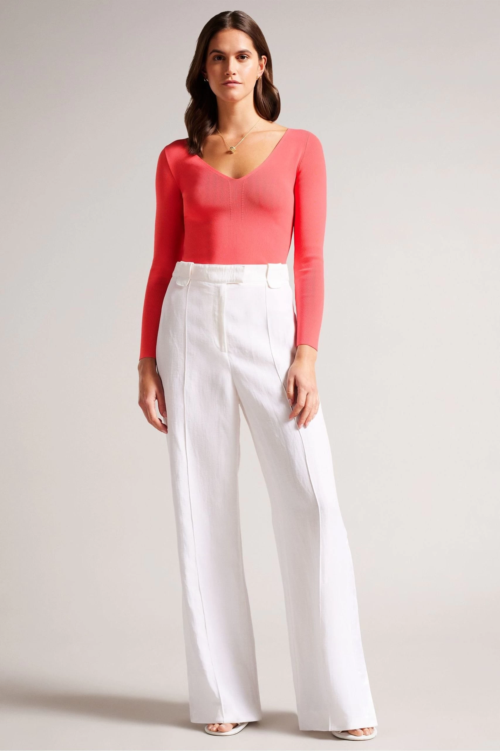 Ted Baker Pink Cileste Coral V-Neck Slim Fit Knit Top 5 Ted Baker Pink Cileste Coral V-Neck Slim Fit Knit Top - Image 3