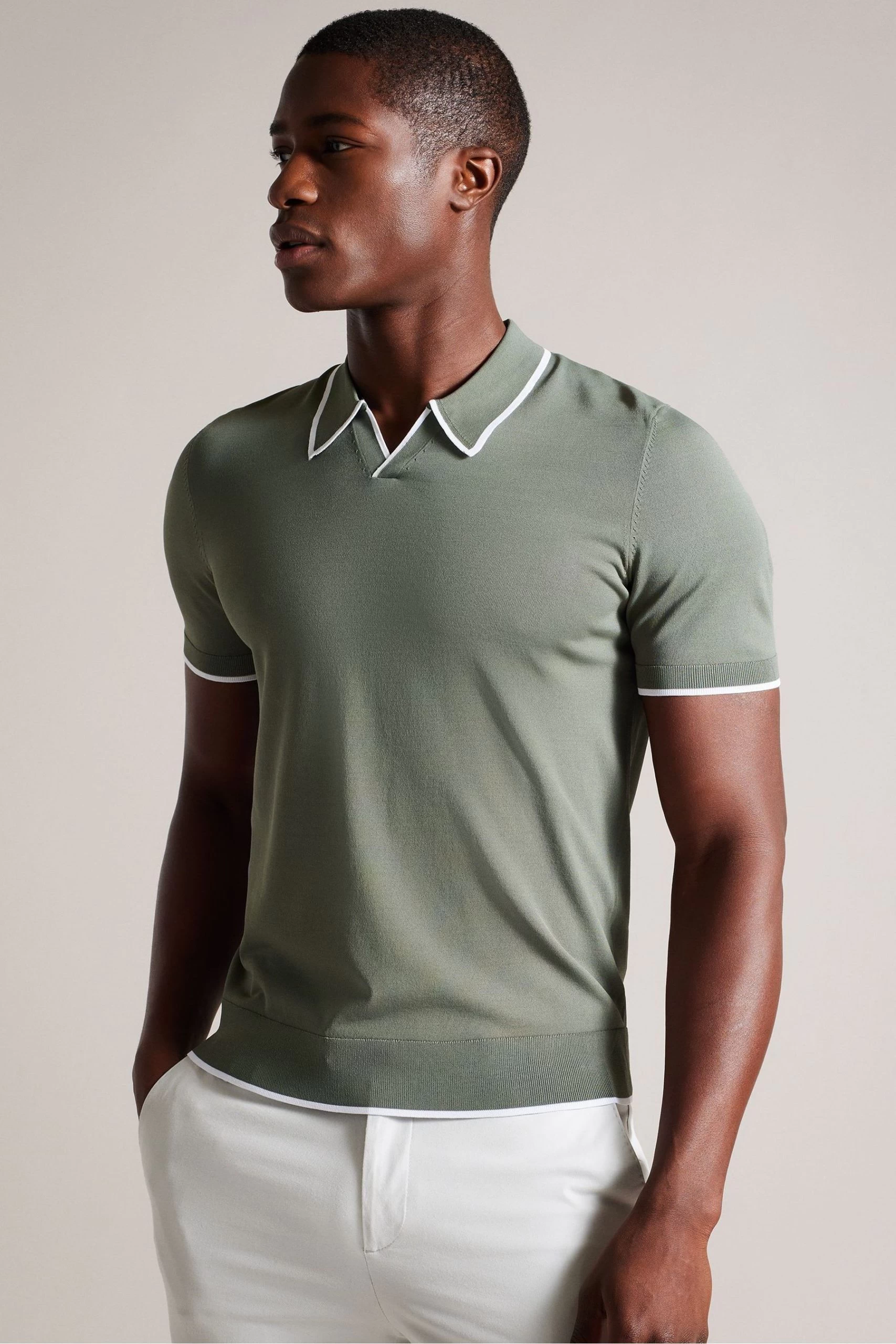 Ted Baker Green Stortfo Short Sleeved Rayon Open Neck Polo Shirt 3 Ted Baker Green Stortfo Short Sleeved Rayon Open Neck Polo Shirt