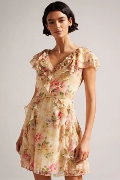 Ted Baker Ammiah Frilled Sleeveless V-Neck Mini Brown Dress