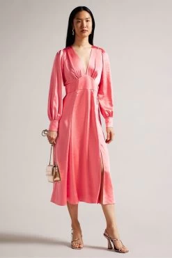 Ted Baker Pink Daniia Coral Waisted Midi Dress With Blouson Sleeve