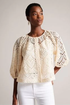 Ted Baker Elaraa Crochet Puff Sleeve White Blouse