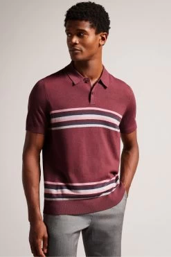 Ted Baker Red Pital Maroon Short Sleeves Merino Stipe Polo Shirt
