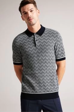 Ted Baker Blue Waldun Short Sleeve Zig Zag Stitched Polo