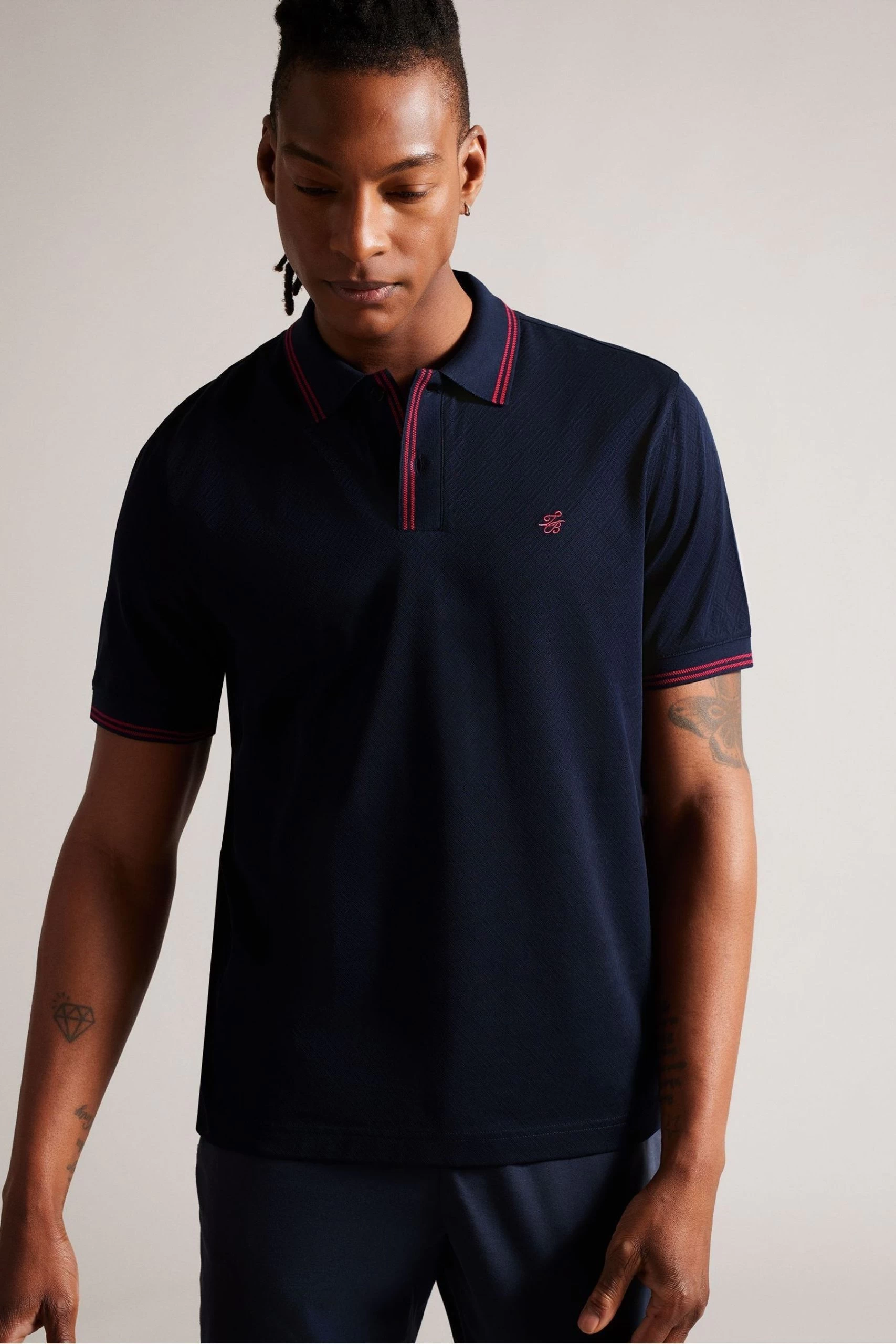 Ted Baker Regular Fit Blue Dynam Short Sleeved Jacquard Polo Shirt 3 Ted Baker Regular Fit Blue Dynam Short Sleeved Jacquard Polo Shirt