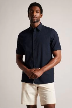Ted Baker Blue Stansho Short Sleeve Seersucker Smart Shirt