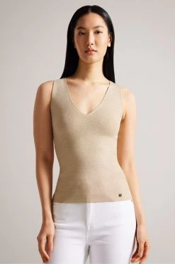 Ted Baker Gold Sharlee Knitted Fitted Vest With Metallic Thread