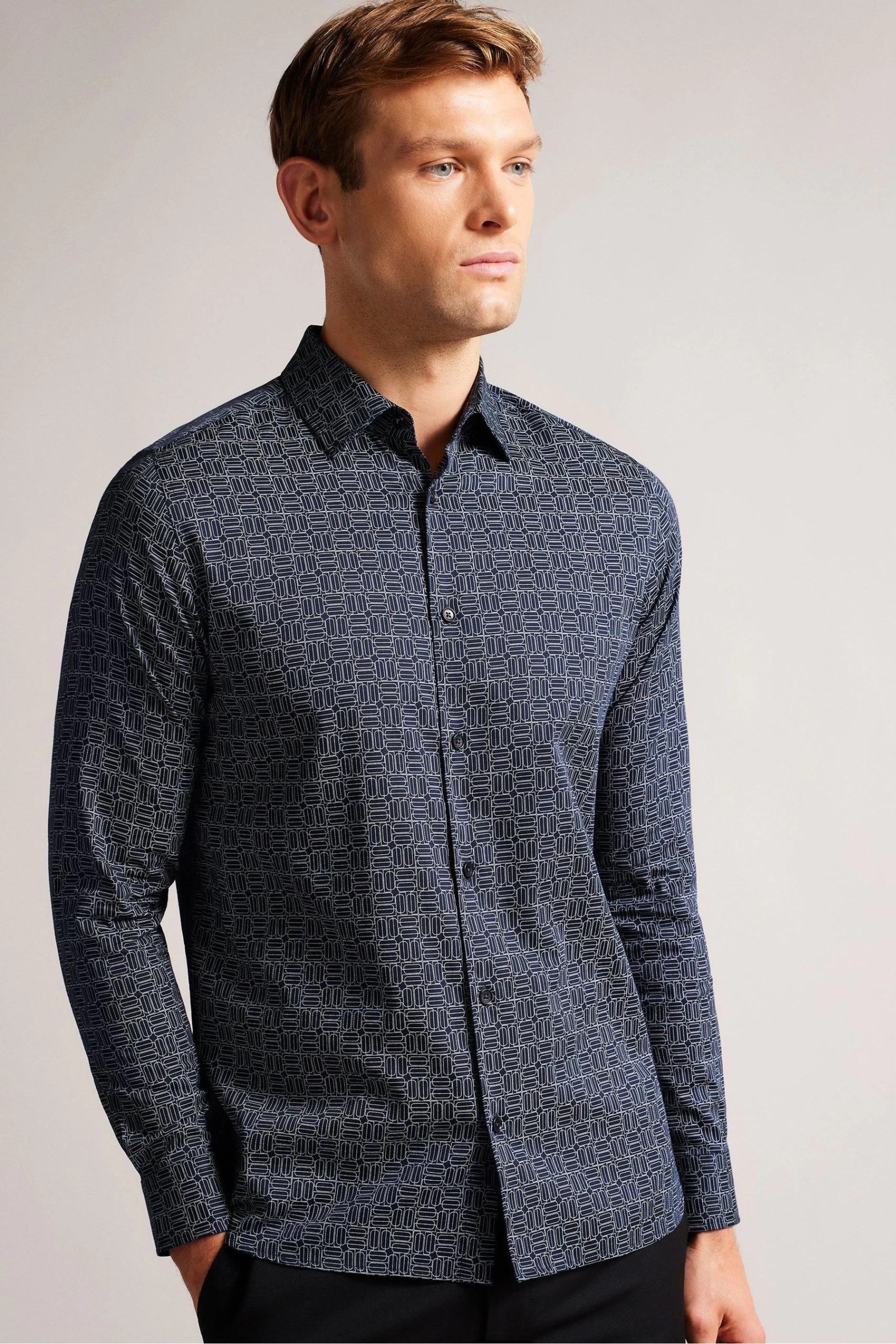Ted Baker Navy Blue Andover Long Sleeve Line Geo Shirt 3 Ted Baker Navy Blue Andover Long Sleeve Line Geo Shirt