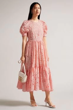 Ted Baker Pink Esthher Coral Puff Sleeve Tiered Midi Dress