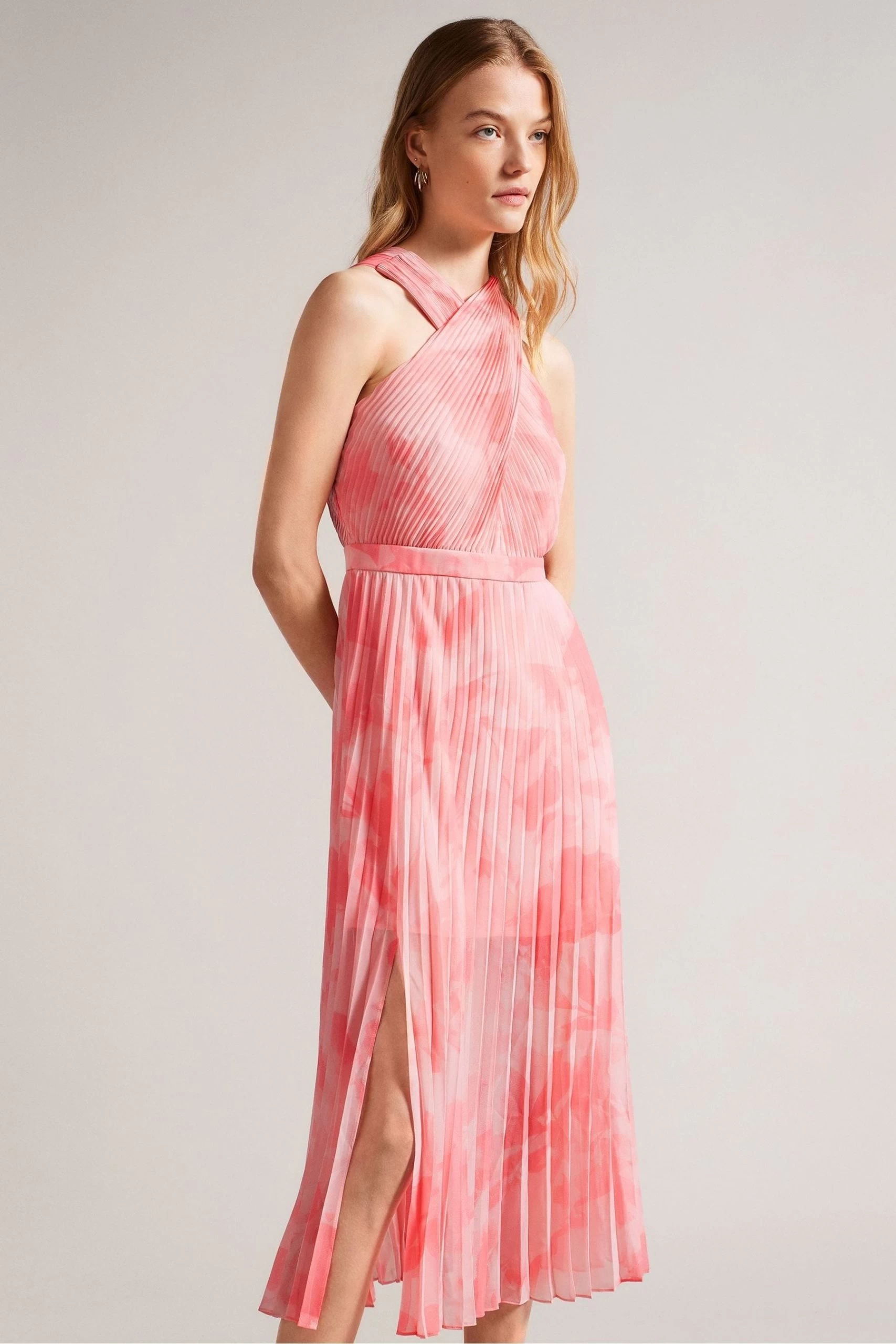Ted Baker Pink Mirelia Coral Cross Front Pleated Midi Dress 5 Ted Baker Pink Mirelia Coral Cross Front Pleated Midi Dress - Image 3