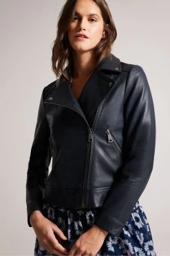 Ted Baker Blue Ellaar Fitted Leather Biker Jacket