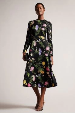Ted Baker Arianya Blouson Sleeve Black Midi Dress