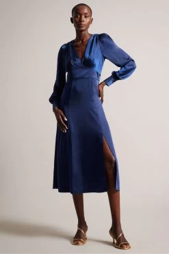 Ted Baker Blue Daniia Waisted Midi Dress With Blouson Sleeve