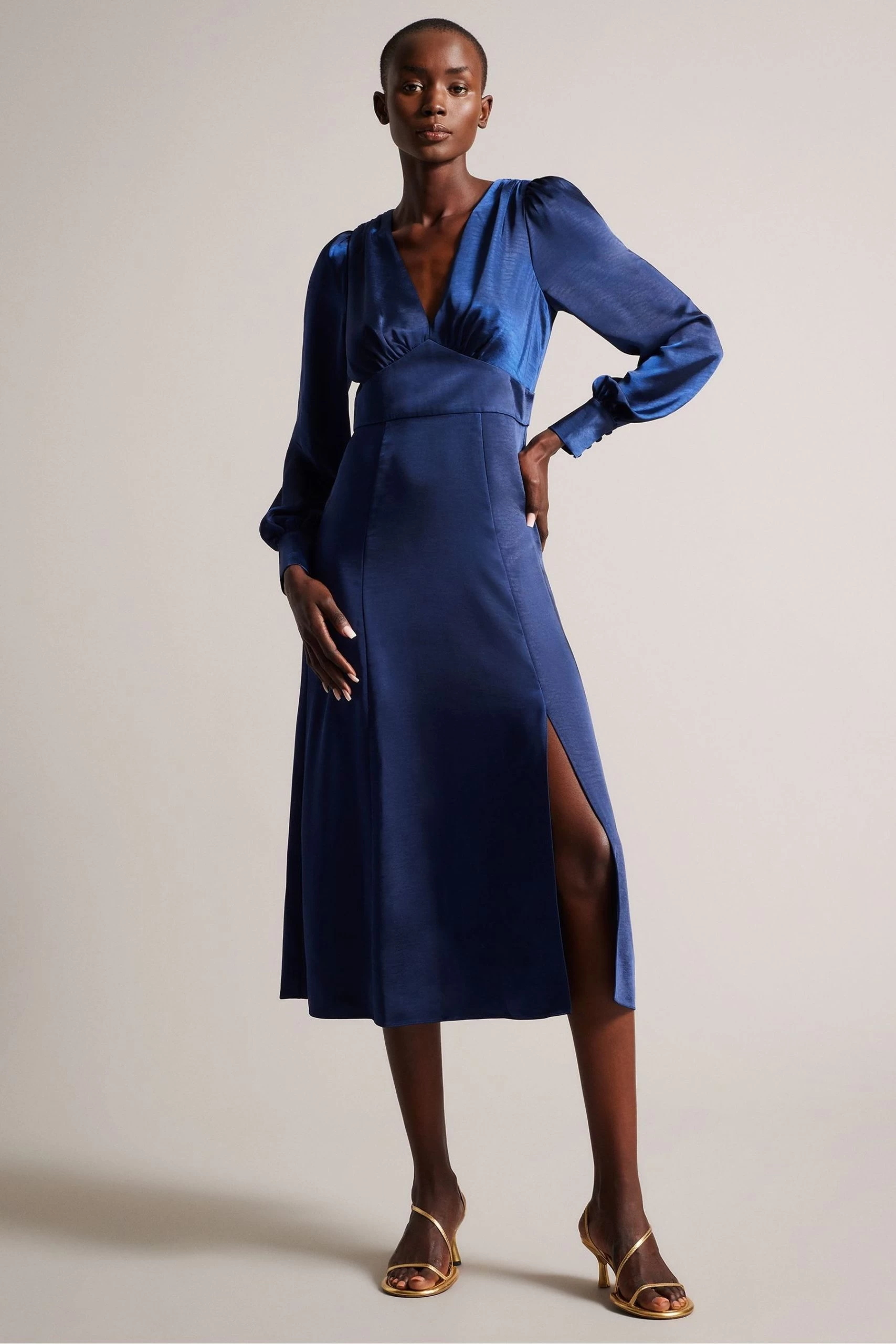 Ted Baker Blue Daniia Waisted Midi Dress With Blouson Sleeve 3 Ted Baker Blue Daniia Waisted Midi Dress With Blouson Sleeve