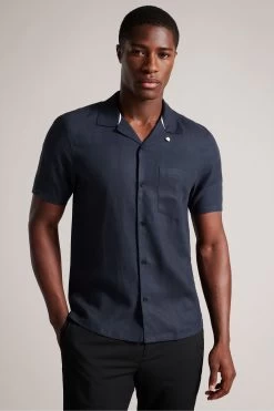 Ted Baker Wesland Navy Blue Short Sleeved Linen Blend Revera Shirt