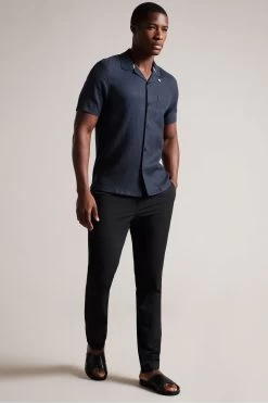 Ted Baker Wesland Navy Blue Short Sleeved Linen Blend Revera Shirt -Ted Baker Shop 834882s3