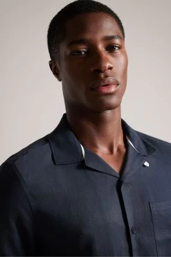 Ted Baker Wesland Navy Blue Short Sleeved Linen Blend Revera Shirt -Ted Baker Shop 834882s4