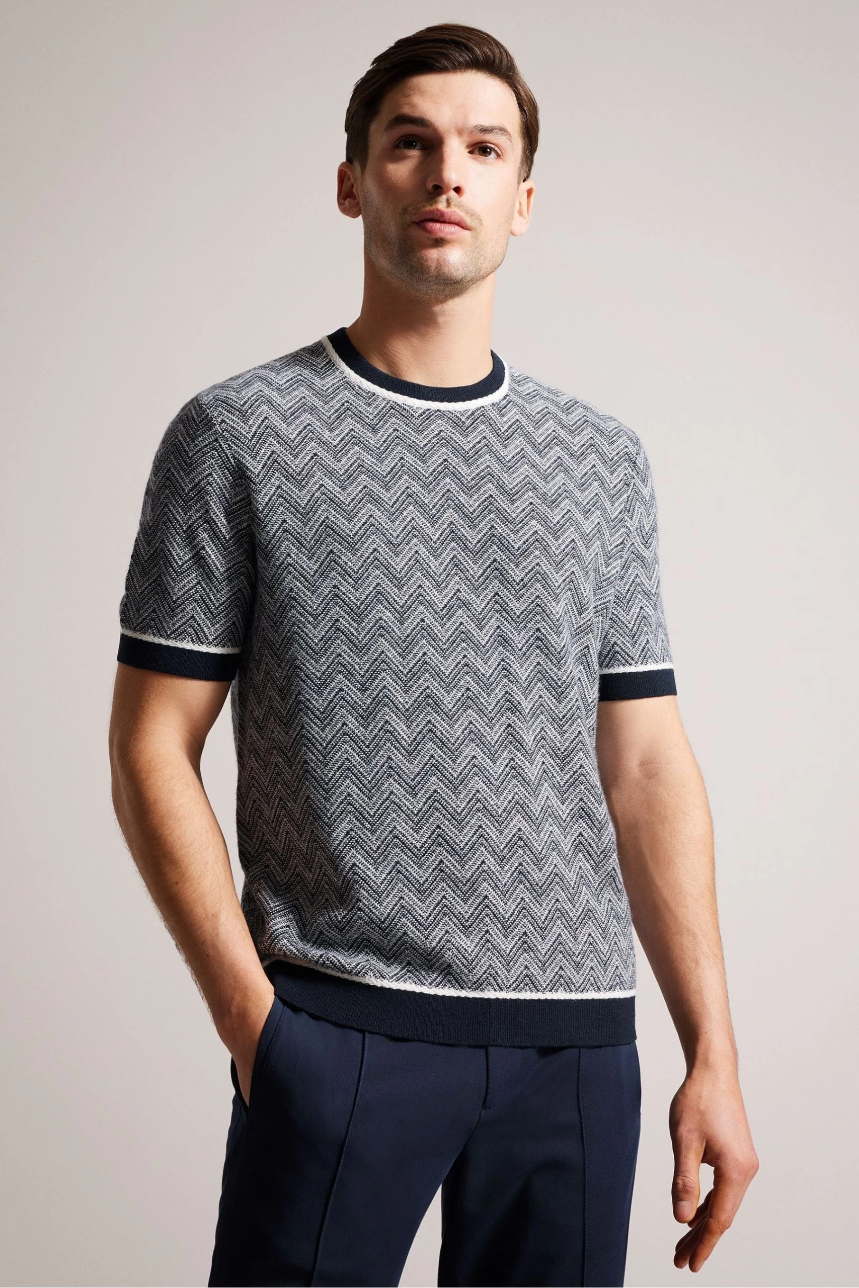 Ted Baker Navy Blue Nudla Zig Zag Stitched Knitted T-Shirt 3 Ted Baker Navy Blue Nudla Zig Zag Stitched Knitted T-Shirt