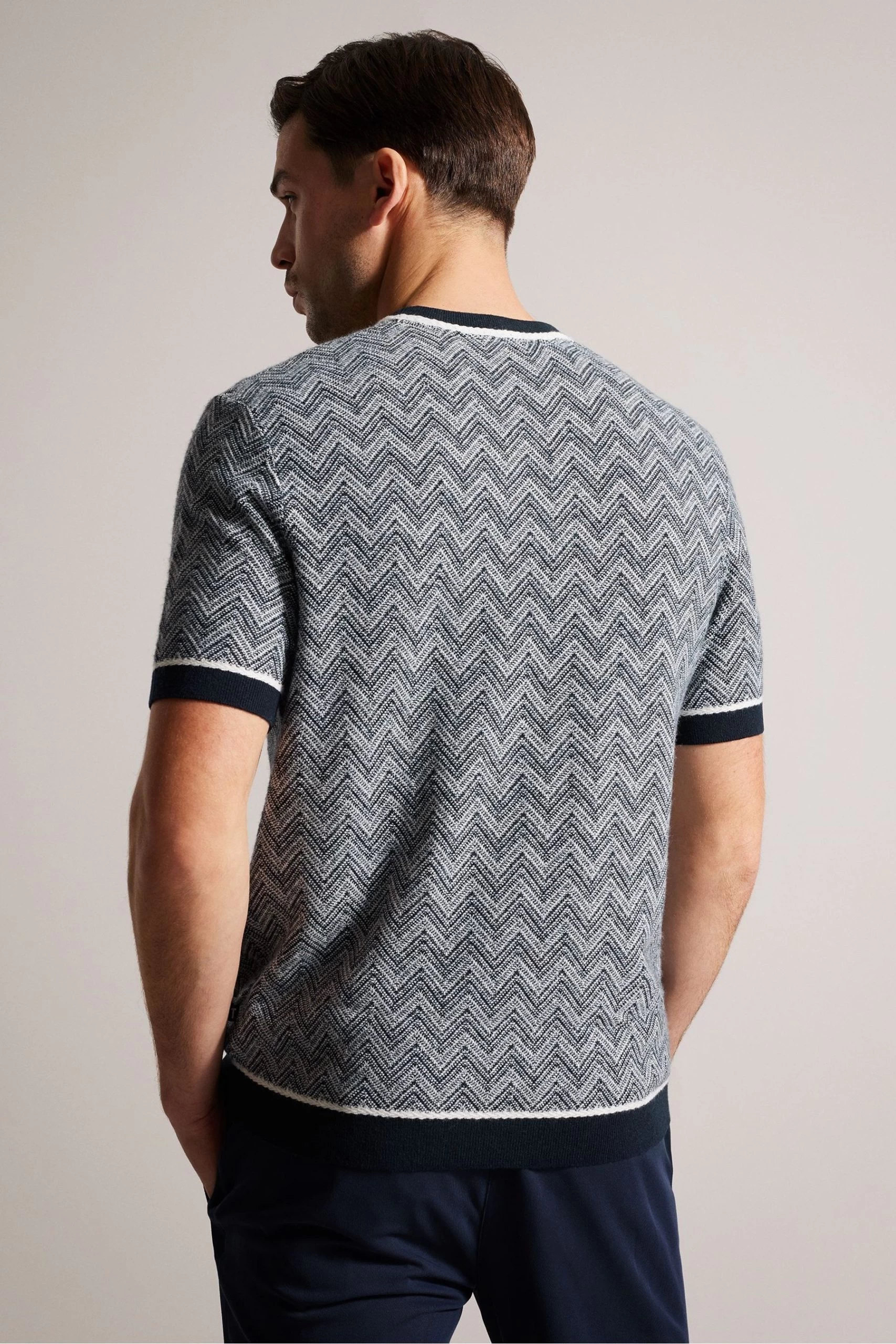 Ted Baker Navy Blue Nudla Zig Zag Stitched Knitted T-Shirt 4 Ted Baker Navy Blue Nudla Zig Zag Stitched Knitted T-Shirt - Image 2