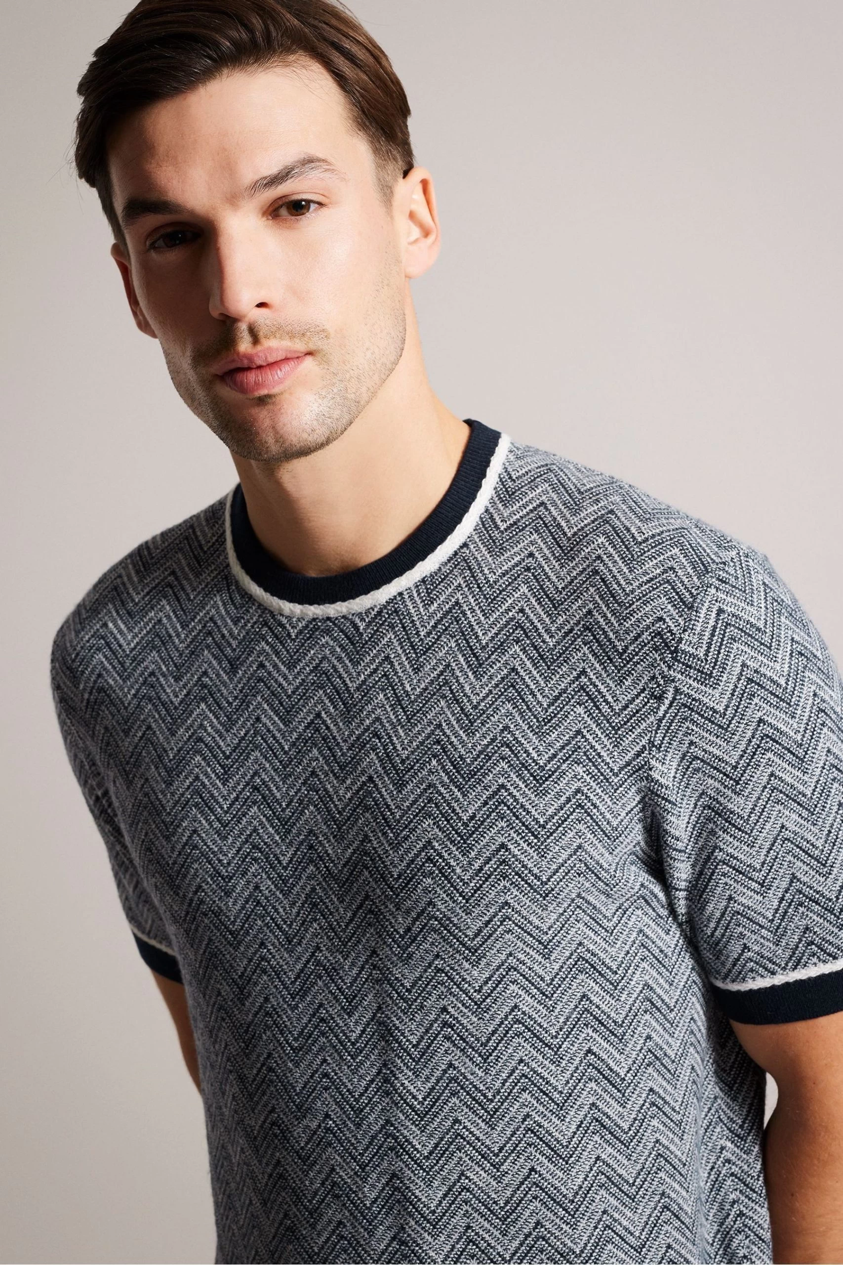 Ted Baker Navy Blue Nudla Zig Zag Stitched Knitted T-Shirt 5 Ted Baker Navy Blue Nudla Zig Zag Stitched Knitted T-Shirt - Image 3