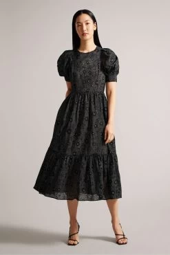 Ted Baker Meganie Puff Sleeve Tiered Midi Black Dress