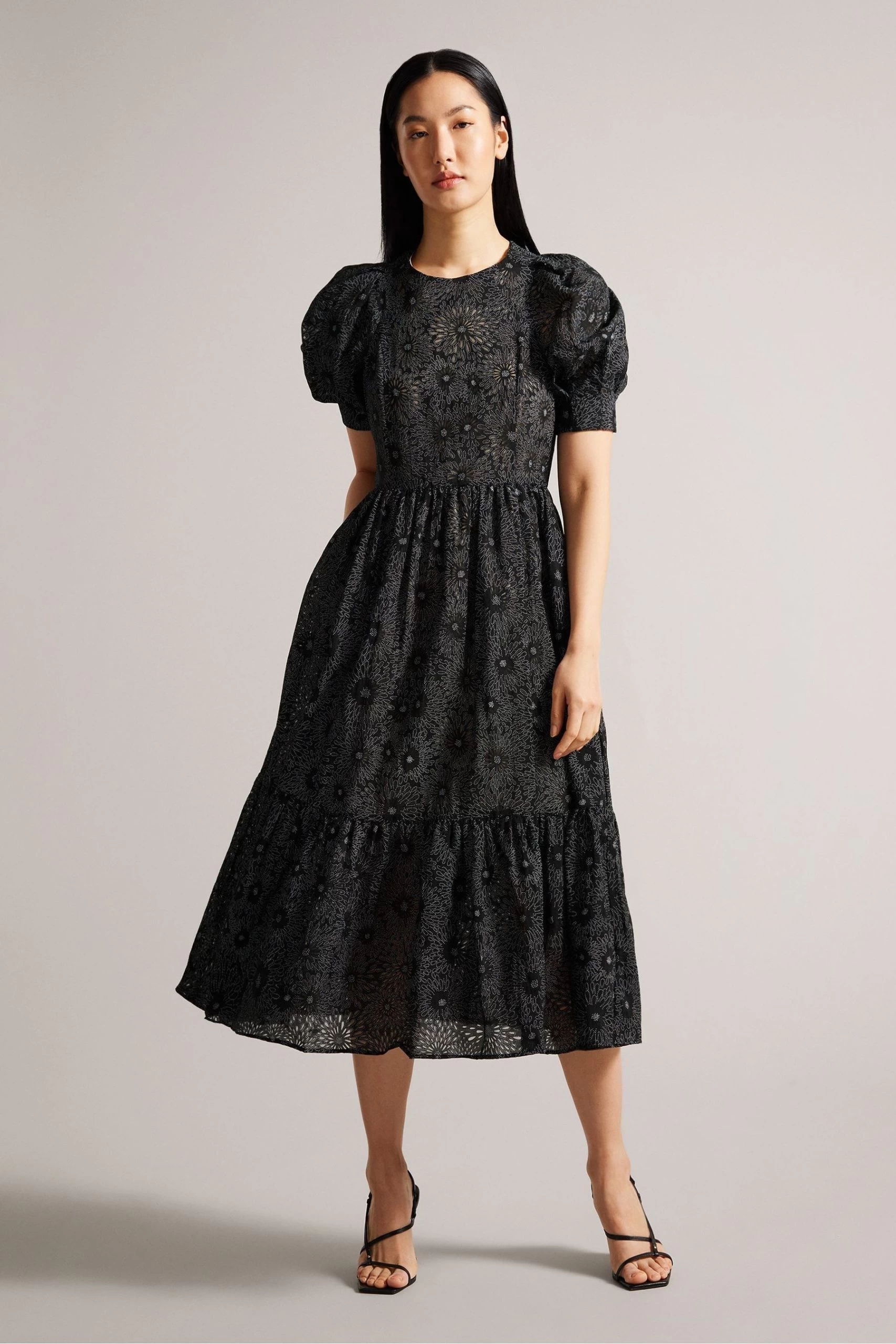 Ted Baker Meganie Puff Sleeve Tiered Midi Black Dress 3 Ted Baker Meganie Puff Sleeve Tiered Midi Black Dress