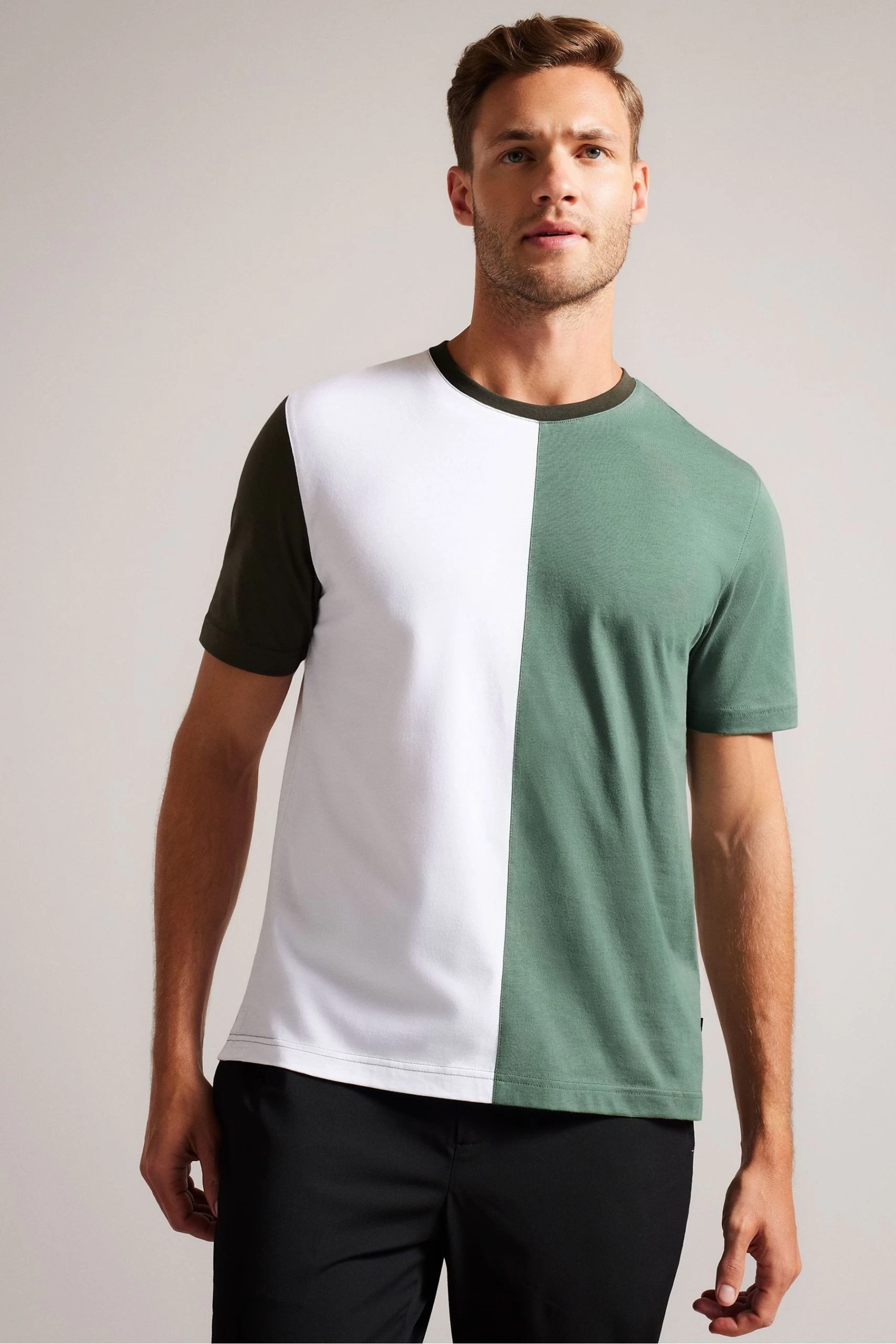 Ted Baker Green Ramin Green Short Sleeved Vertical Colour Block T-Shirt 3 Ted Baker Green Ramin Green Short Sleeved Vertical Colour Block T-Shirt