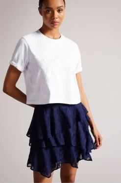 Ted Baker Carmyn White Roll Sleeve T-Shirt With Satin Stitch Magnolia
