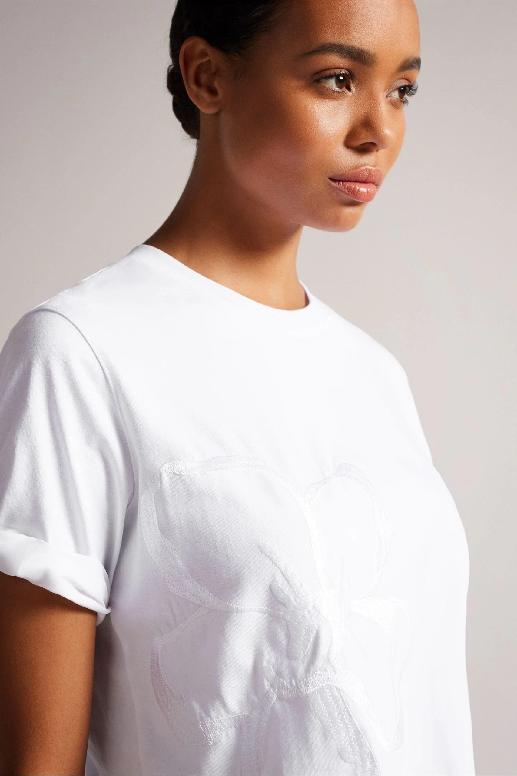 Ted Baker Carmyn White Roll Sleeve T-Shirt With Satin Stitch Magnolia 6 Ted Baker Carmyn White Roll Sleeve T-Shirt With Satin Stitch Magnolia - Image 4