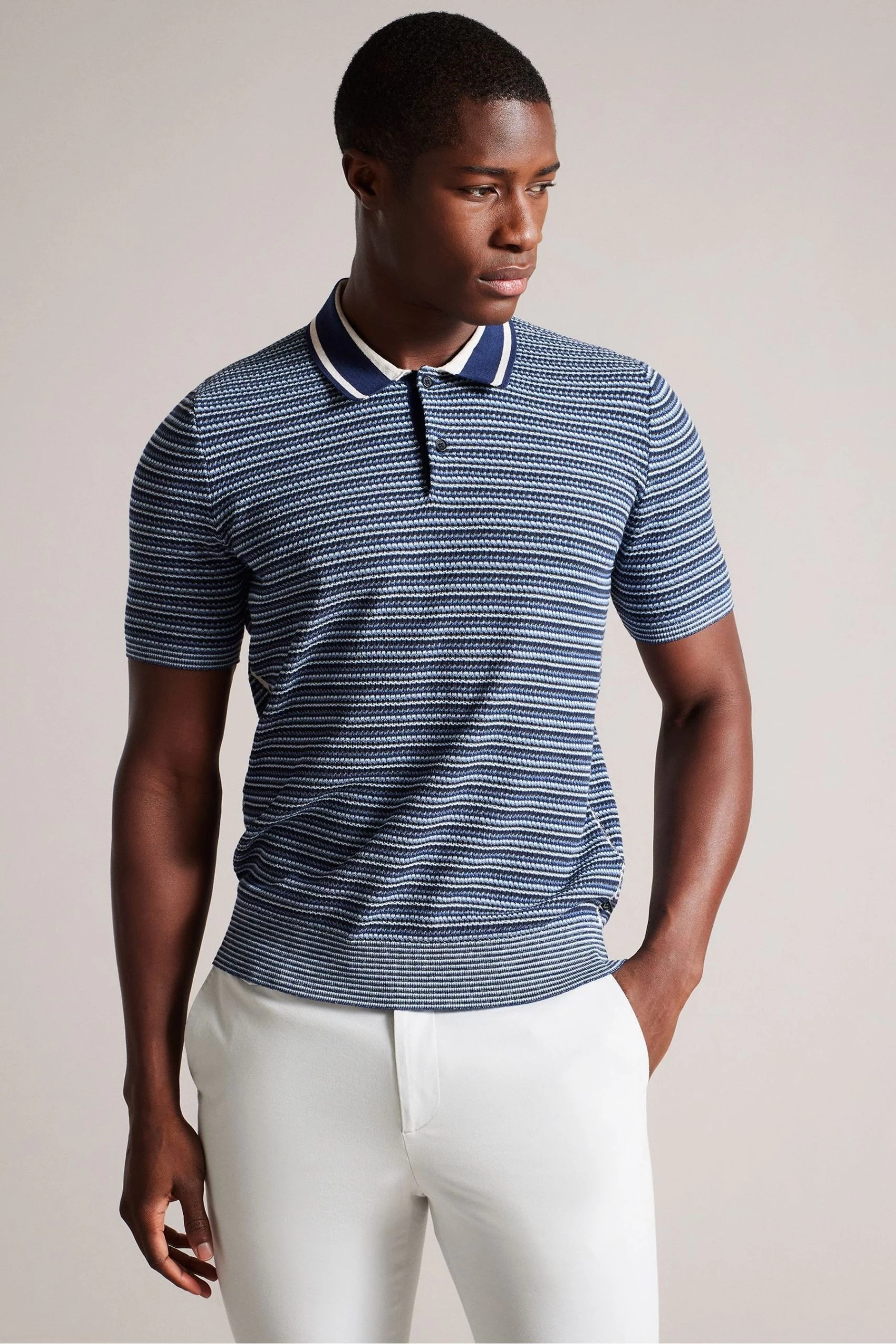 Ted Baker Blue Radwint Short Sleeved Textured Striped Polo Shirt 3 Ted Baker Blue Radwint Short Sleeved Textured Striped Polo Shirt