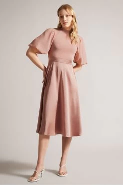 Ted Baker Pink Brontei Puff Sleeve Fitted Bodice Midi Dress