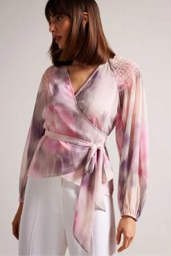 Ted Baker Pink Emiliah Coral Wrap Blouse With Smocked Shoulder