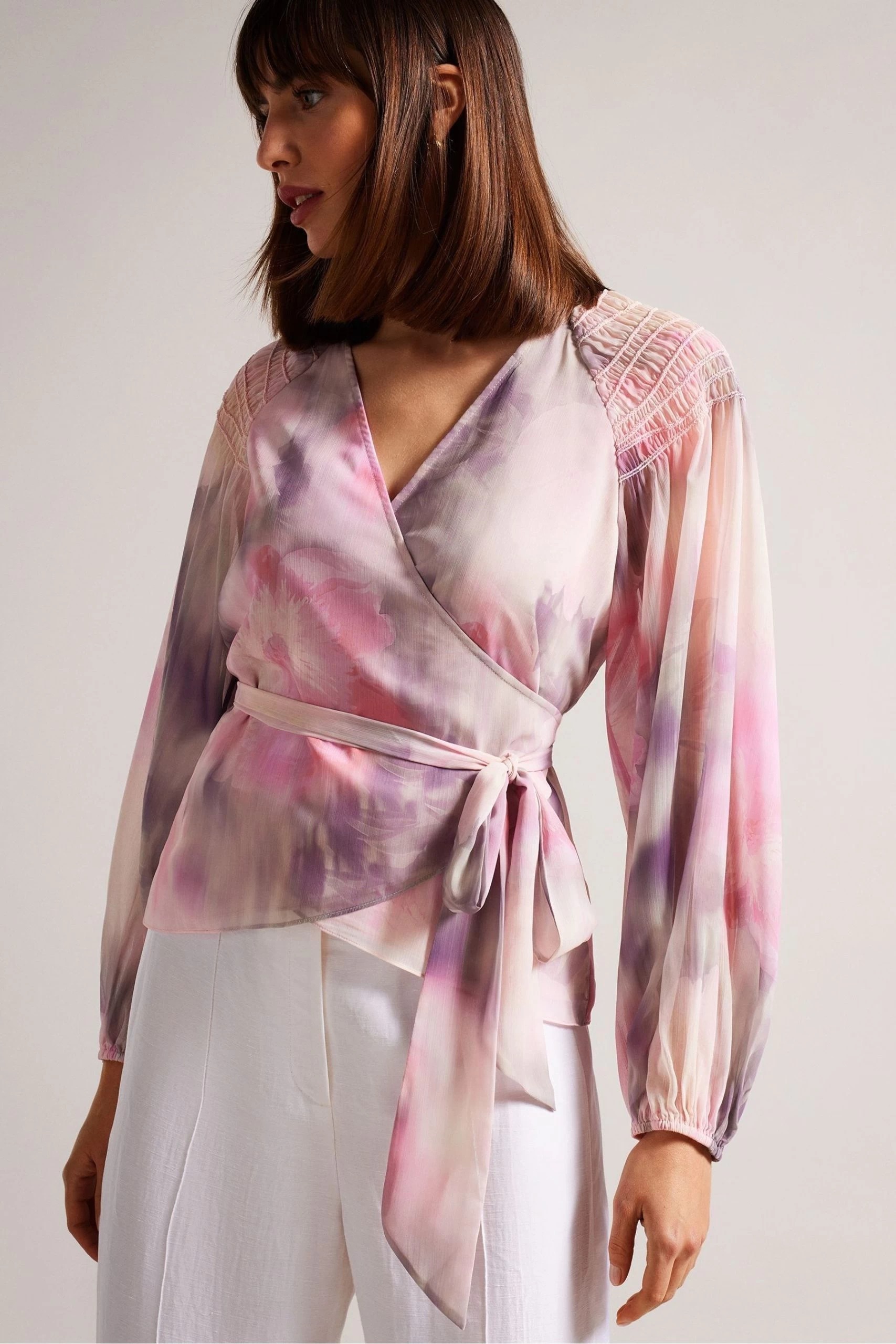 Ted Baker Pink Emiliah Coral Wrap Blouse With Smocked Shoulder 3 Ted Baker Pink Emiliah Coral Wrap Blouse With Smocked Shoulder