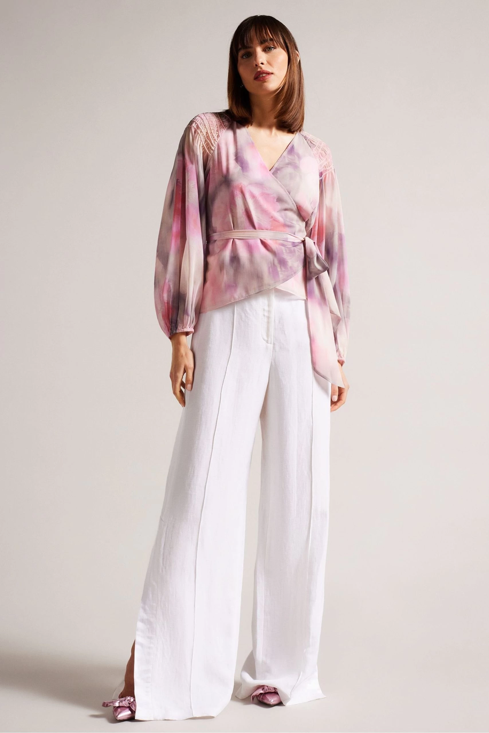 Ted Baker Pink Emiliah Coral Wrap Blouse With Smocked Shoulder 5 Ted Baker Pink Emiliah Coral Wrap Blouse With Smocked Shoulder - Image 3