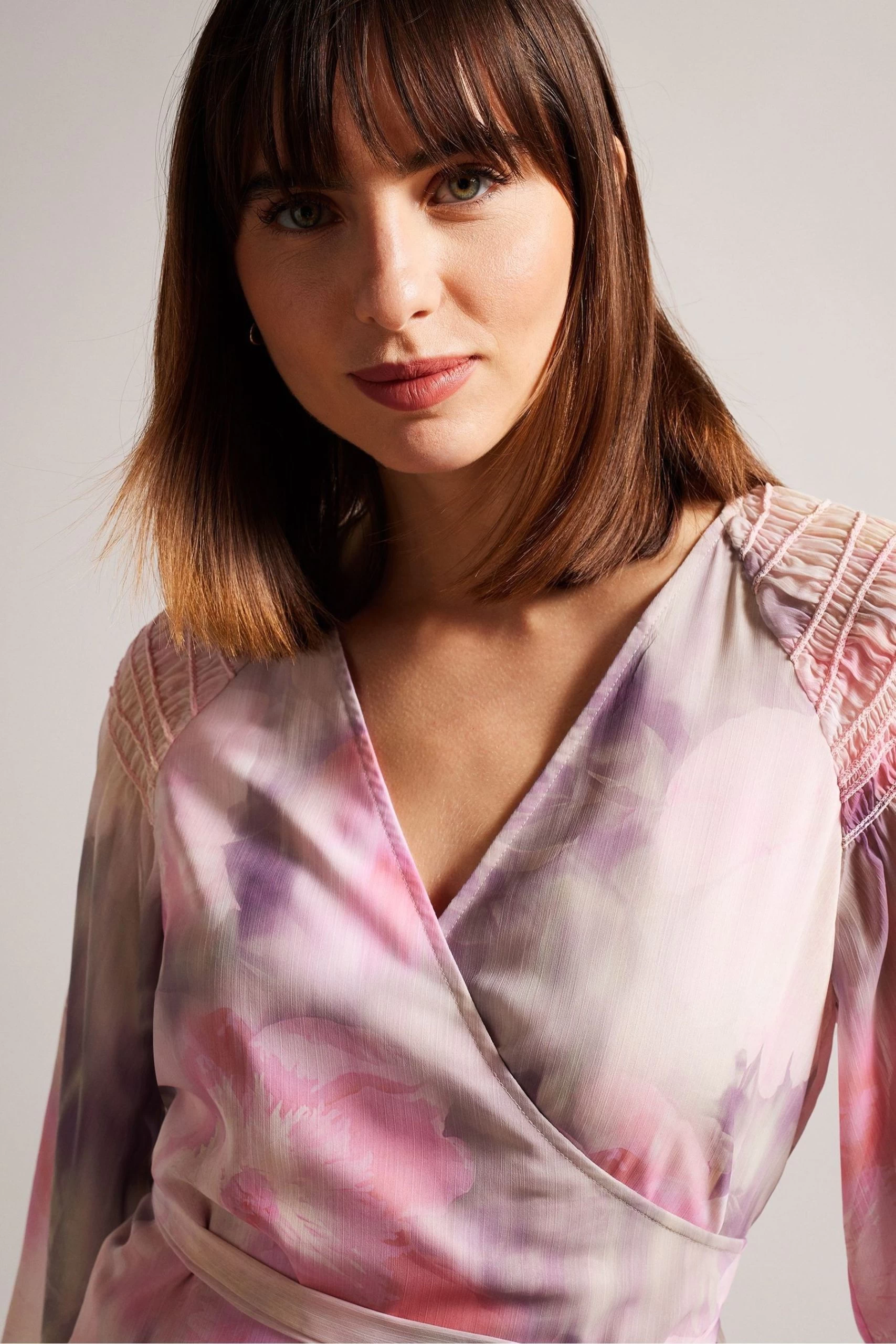 Ted Baker Pink Emiliah Coral Wrap Blouse With Smocked Shoulder 6 Ted Baker Pink Emiliah Coral Wrap Blouse With Smocked Shoulder - Image 4