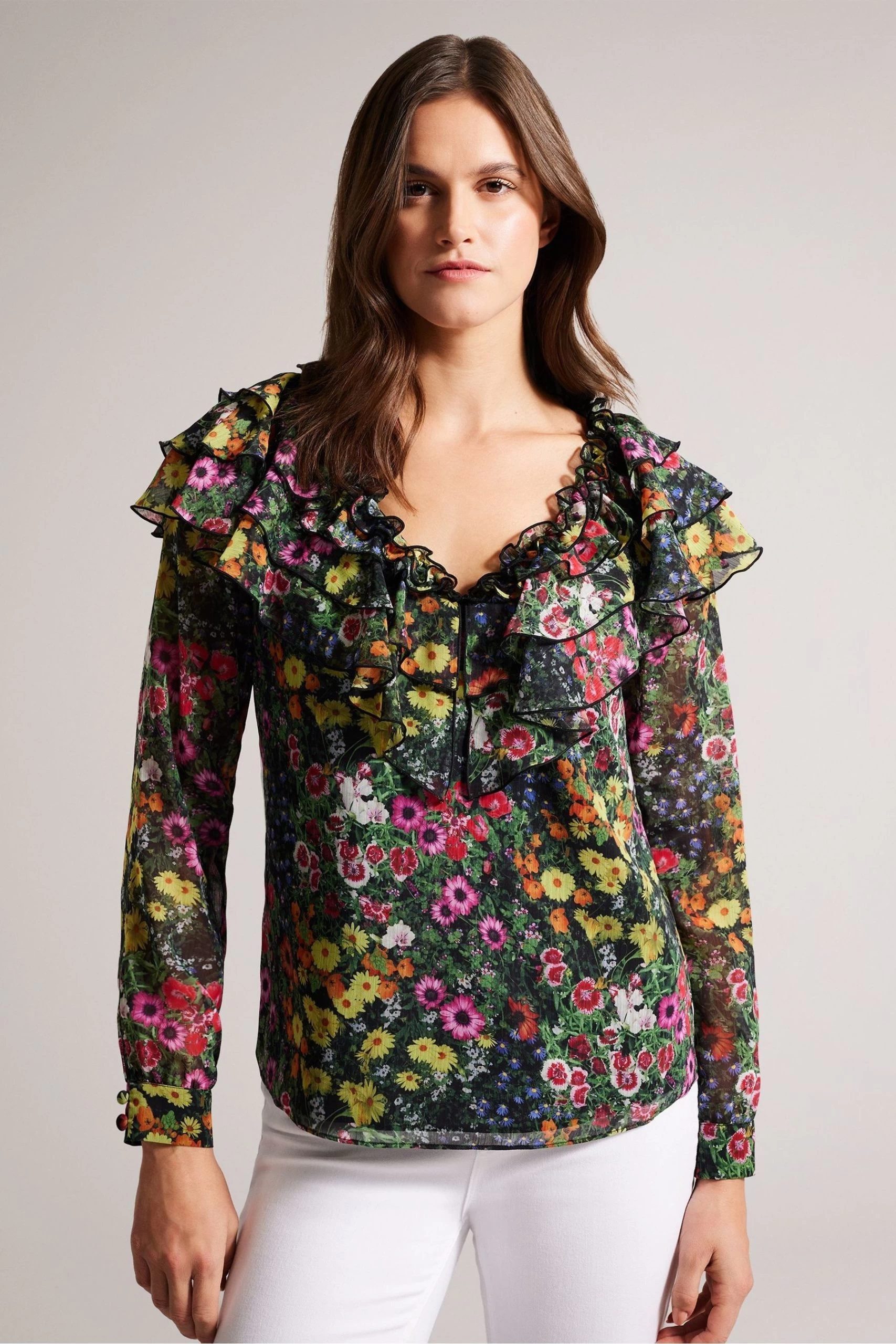 Ted Baker Amell Black Frilled V-Neck Long Sleeved Blouse 3 Ted Baker Amell Black Frilled V-Neck Long Sleeved Blouse