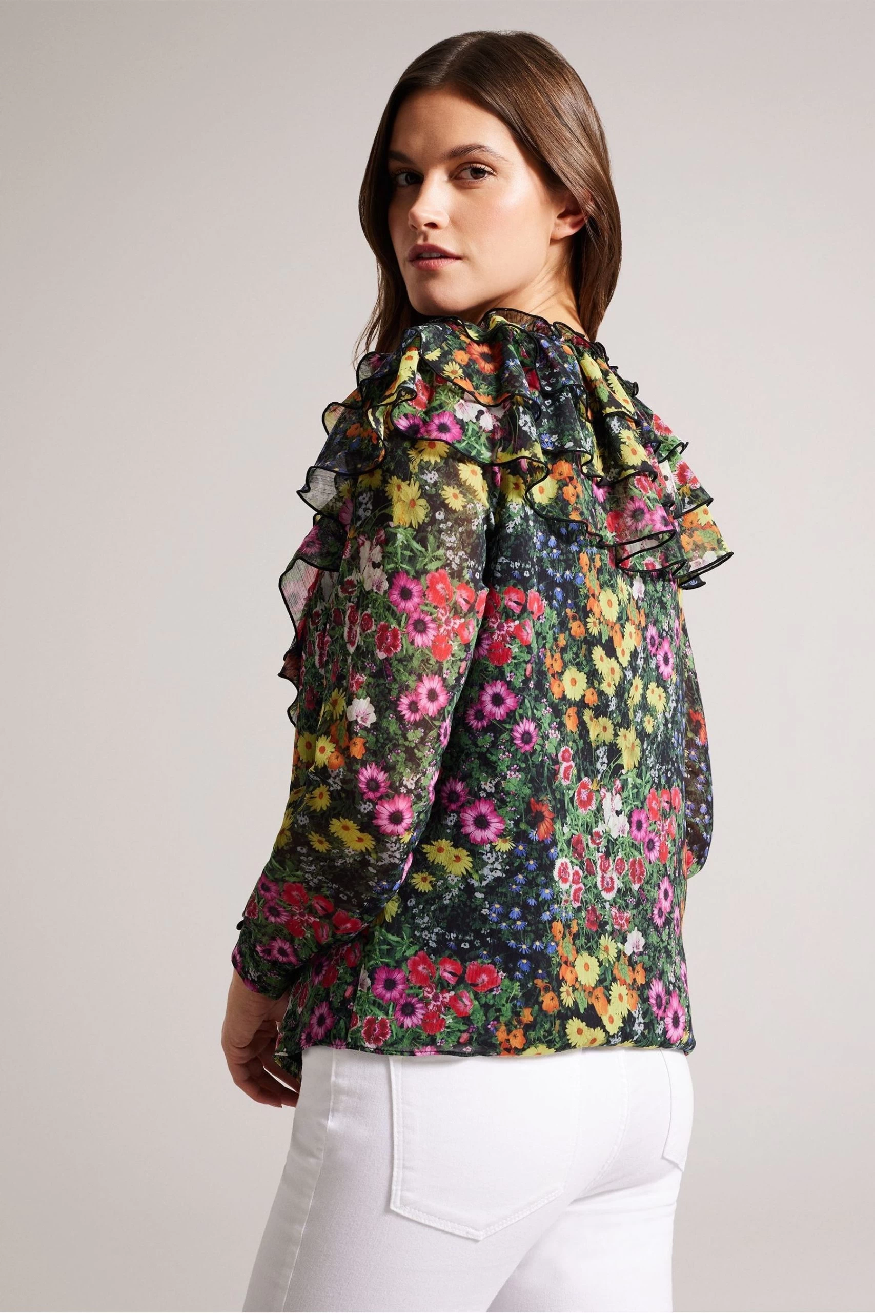 Ted Baker Amell Black Frilled V-Neck Long Sleeved Blouse 4 Ted Baker Amell Black Frilled V-Neck Long Sleeved Blouse - Image 2