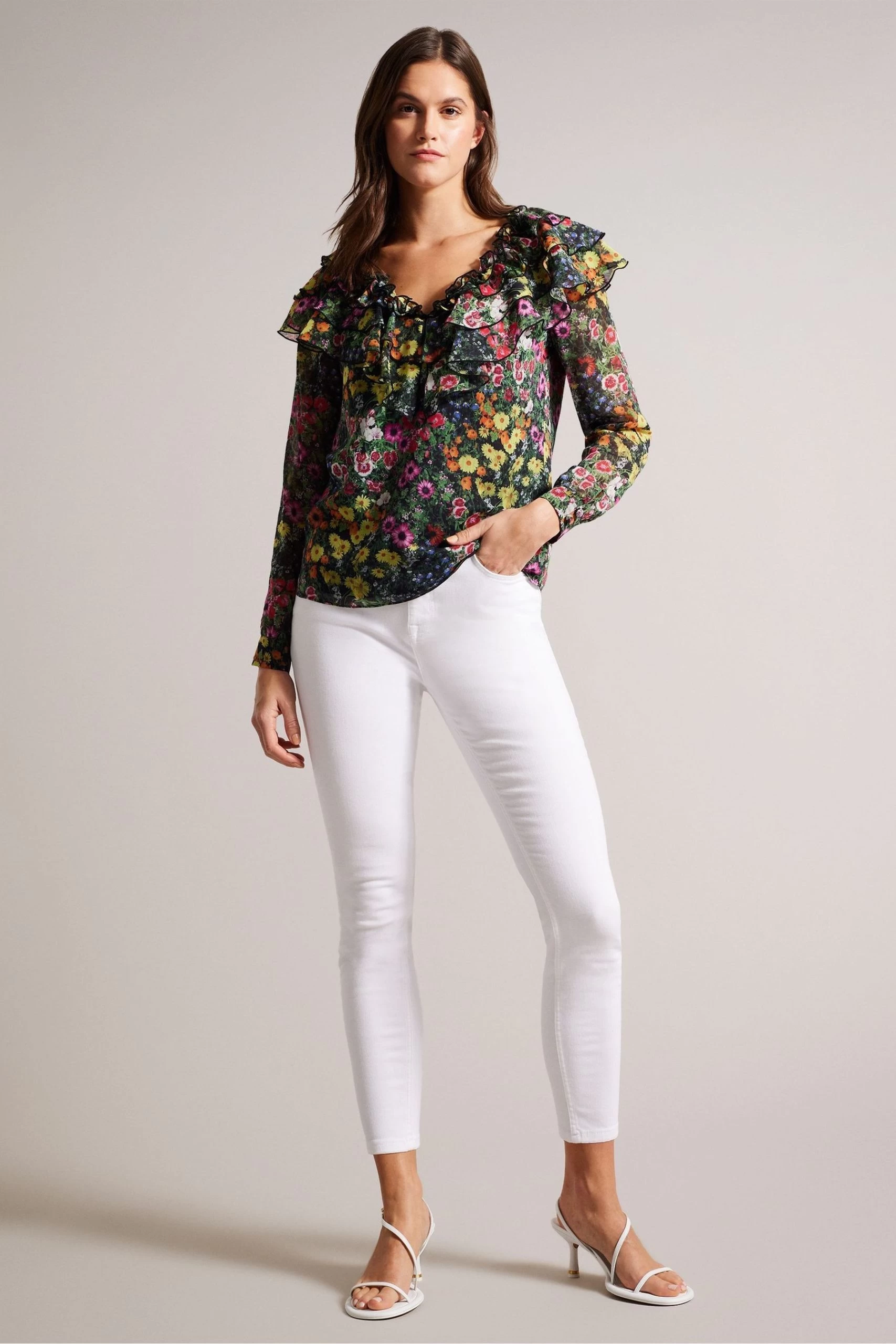 Ted Baker Amell Black Frilled V-Neck Long Sleeved Blouse 5 Ted Baker Amell Black Frilled V-Neck Long Sleeved Blouse - Image 3