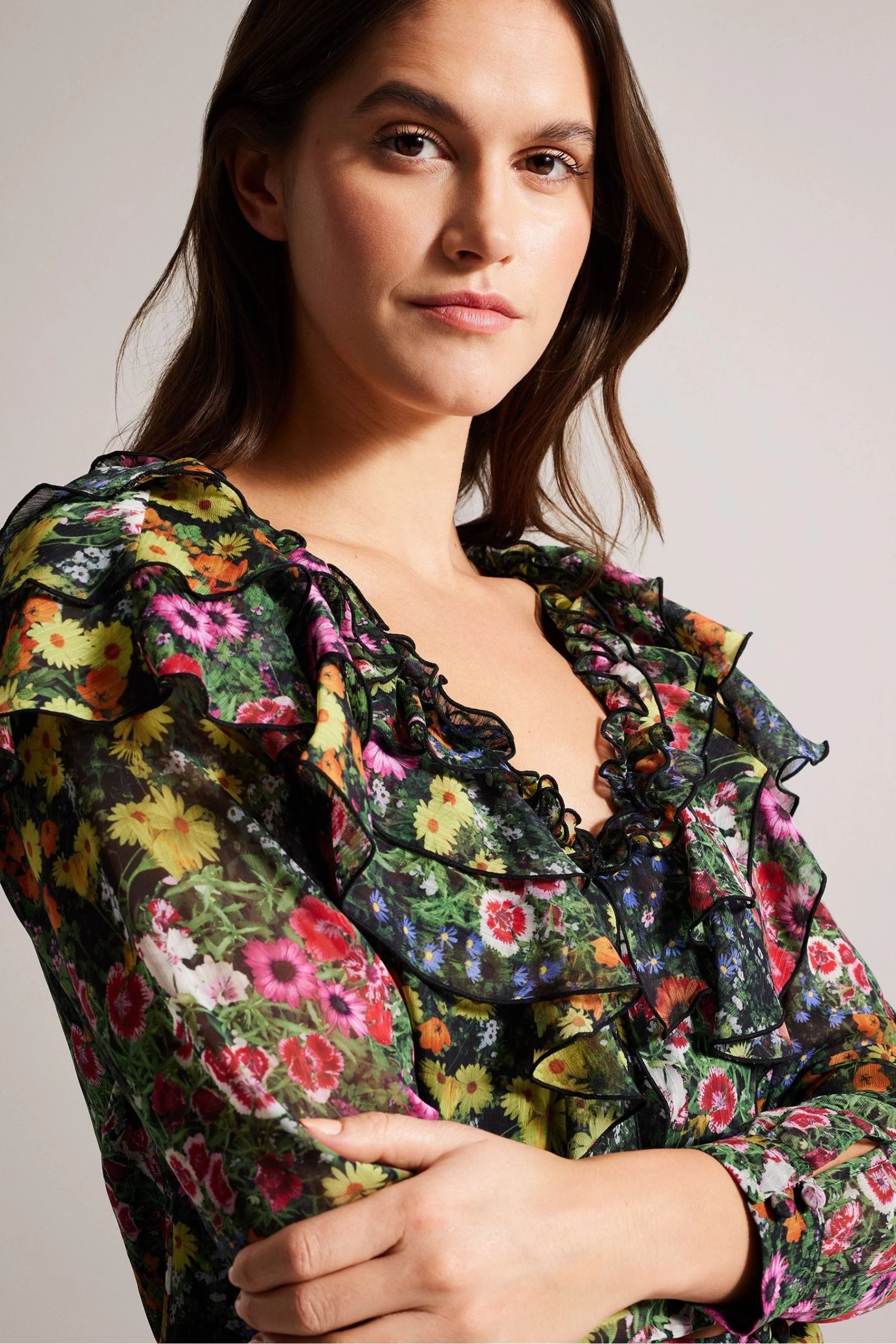 Ted Baker Amell Black Frilled V-Neck Long Sleeved Blouse 6 Ted Baker Amell Black Frilled V-Neck Long Sleeved Blouse - Image 4