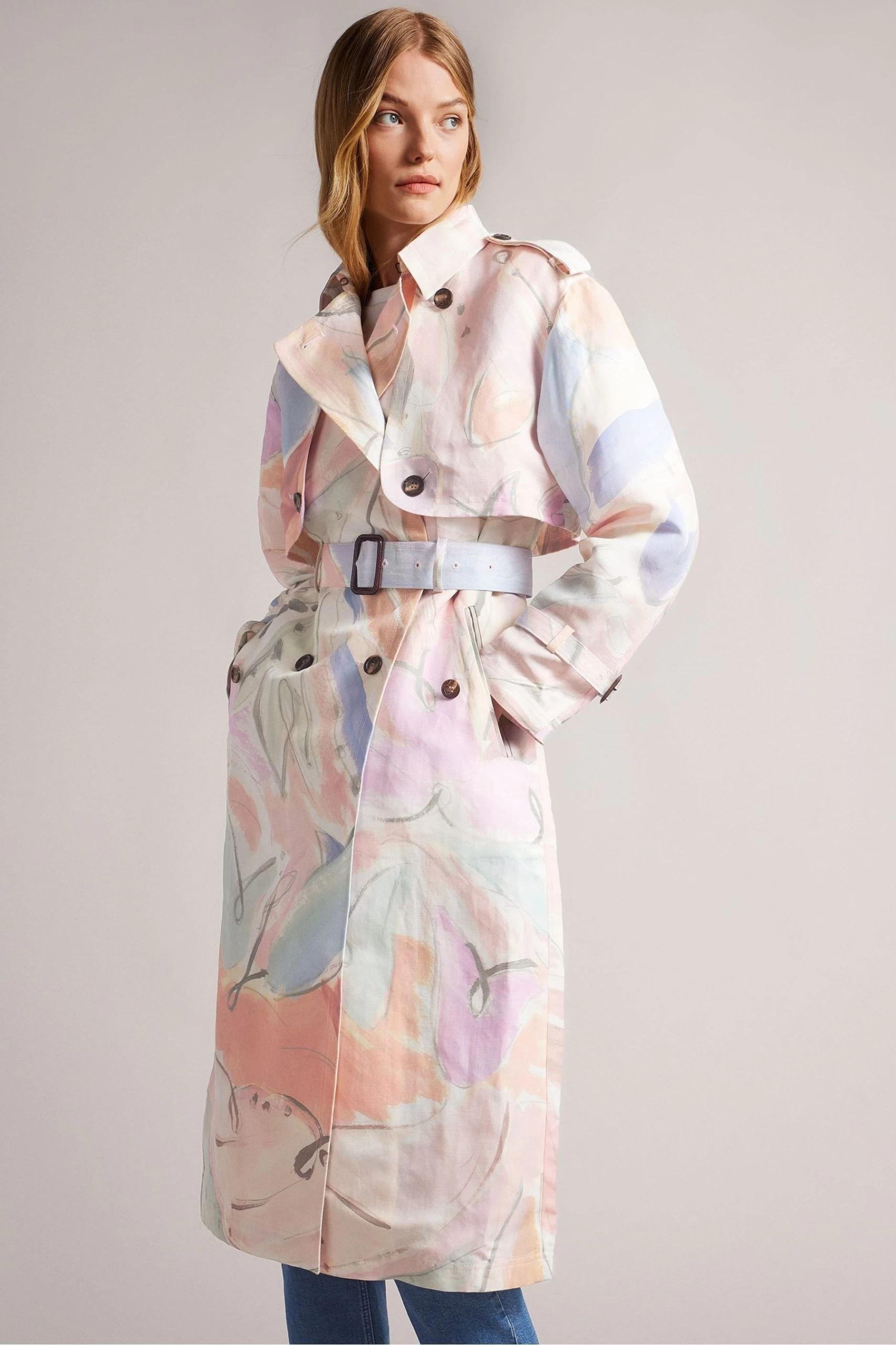 Ted Baker Cream Myiah Printed Linen Trench Coat 3 Ted Baker Cream Myiah Printed Linen Trench Coat