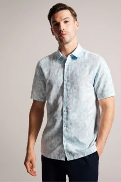 Ted Baker Blue Flaisby Short Sleeved Linen Blend Floral Print Shirt