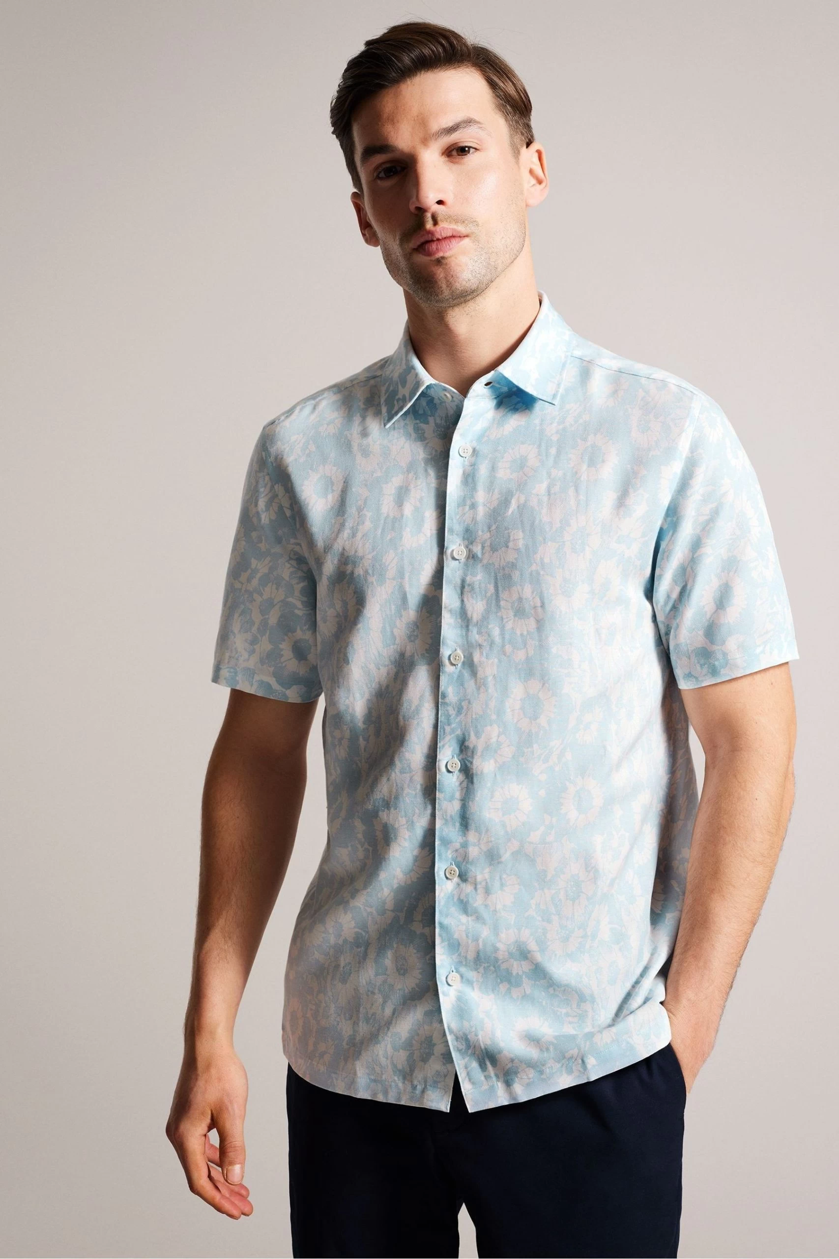 Ted Baker Blue Flaisby Short Sleeved Linen Blend Floral Print Shirt 3 Ted Baker Blue Flaisby Short Sleeved Linen Blend Floral Print Shirt