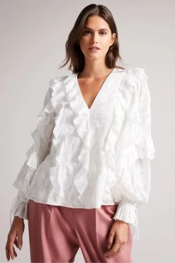 Ted Baker Janeio White Ruffle Sleeve Broderie Top