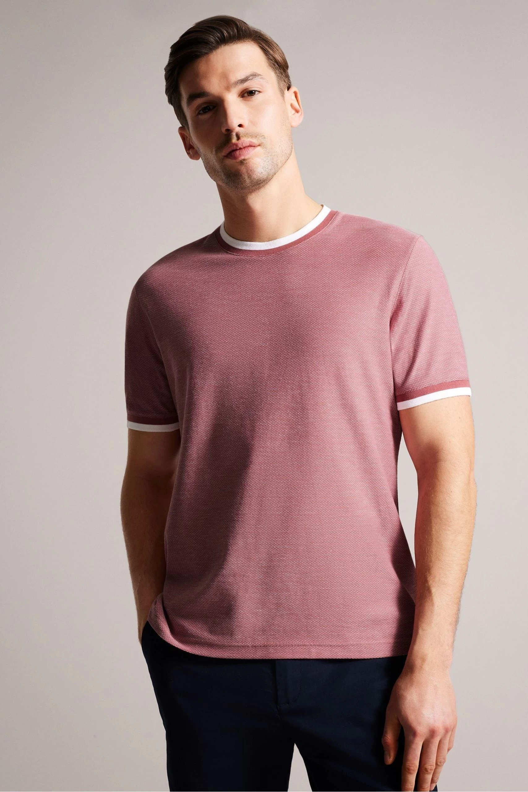 Ted Baker Pink Bowker Short Sleeve Regular Fit Textured T-Shirt 3 Ted Baker Pink Bowker Short Sleeve Regular Fit Textured T-Shirt