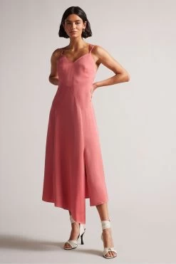 Ted Baker Dusky Pink Odinne Paneled Midi Slip Dress With Asymmetric Hem