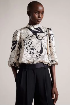 Ted Baker Jessiaa White Top With Stand Collar And Balloon Sleeve
