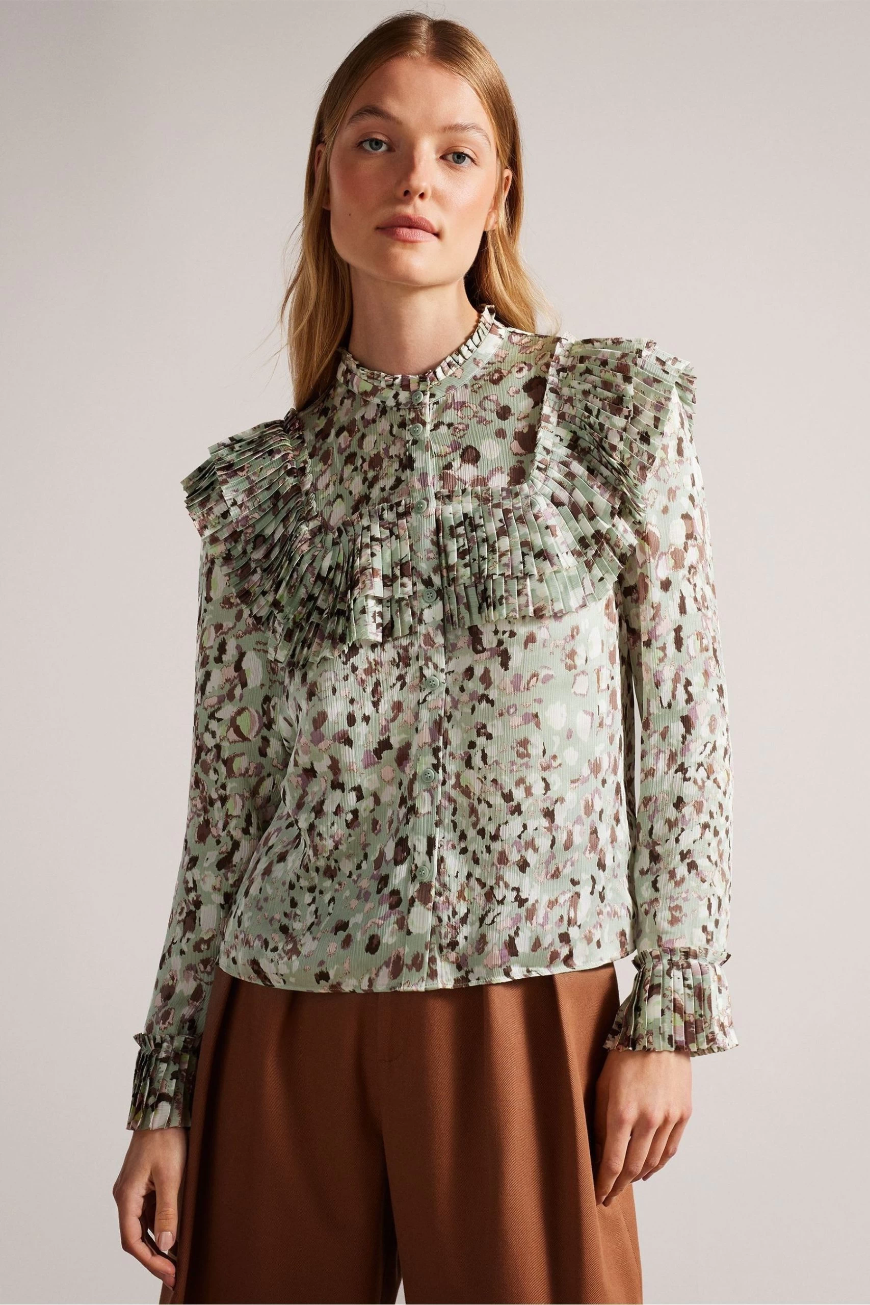 Ted Baker Green Indira Blouse With Ruffle Bib Detail 3 Ted Baker Green Indira Blouse With Ruffle Bib Detail