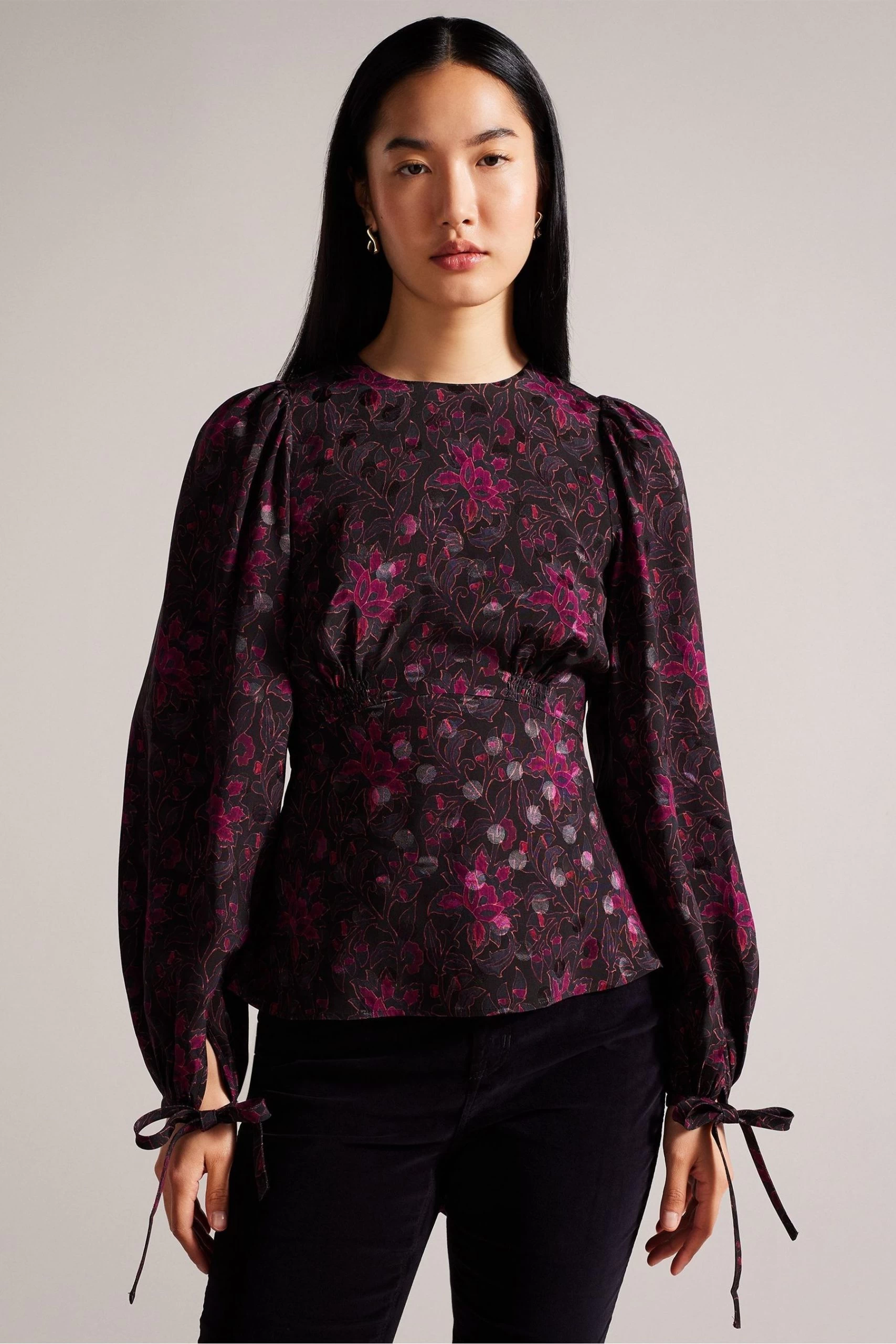 Ted Baker Terre Printed Peplum Black Top With Cuffed Sleeves 3 Ted Baker Terre Printed Peplum Black Top With Cuffed Sleeves