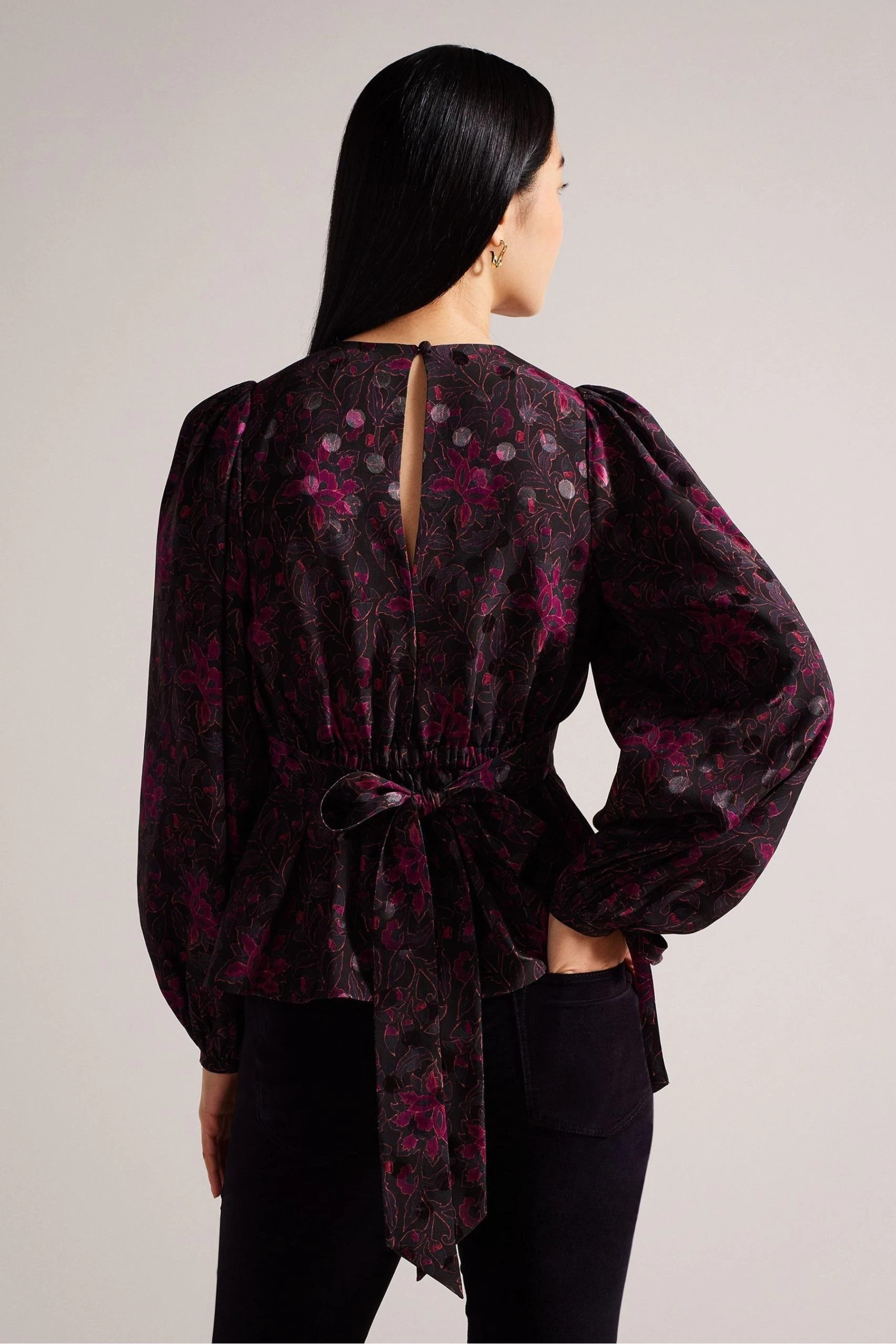 Ted Baker Terre Printed Peplum Black Top With Cuffed Sleeves 4 Ted Baker Terre Printed Peplum Black Top With Cuffed Sleeves - Image 2