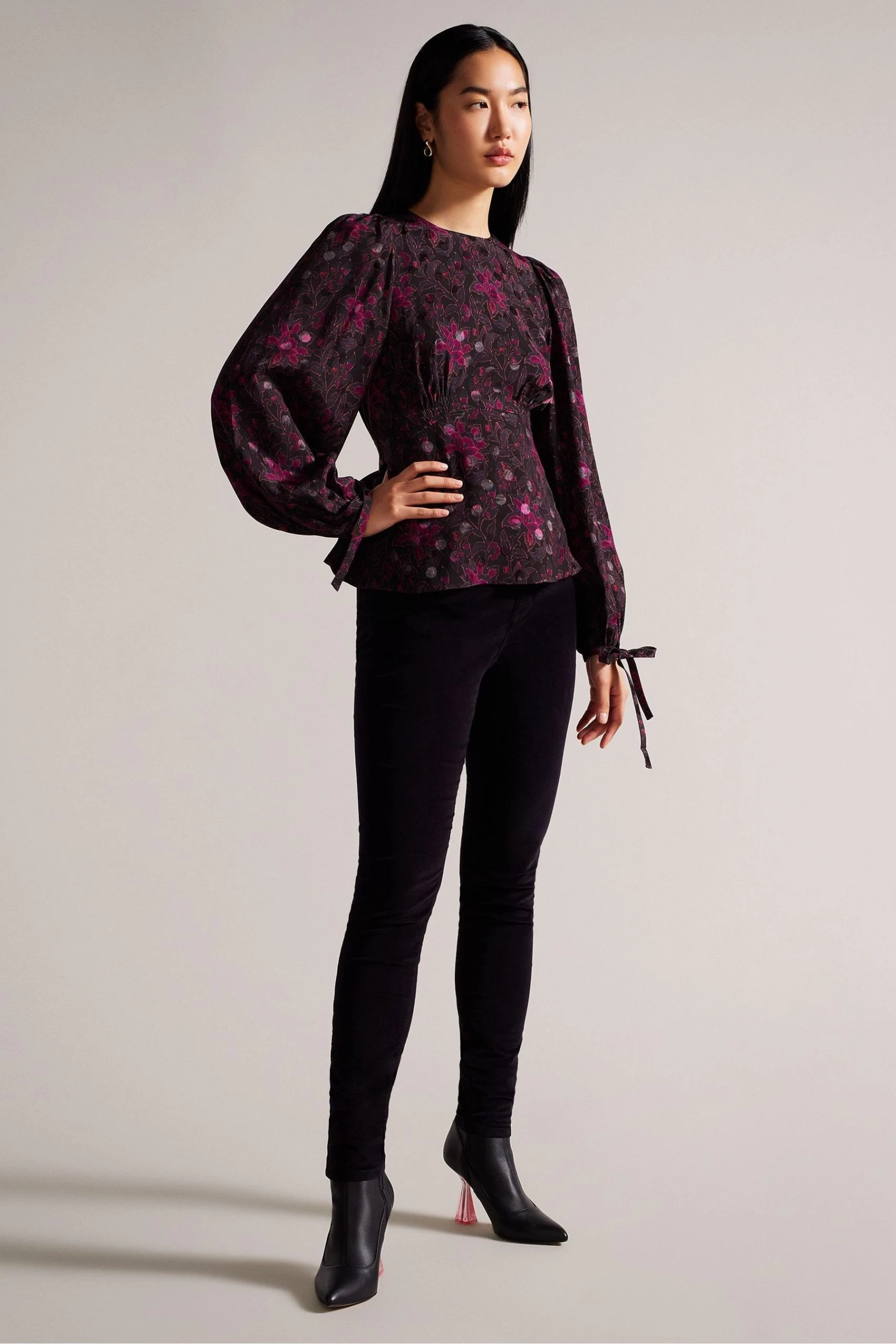 Ted Baker Terre Printed Peplum Black Top With Cuffed Sleeves 5 Ted Baker Terre Printed Peplum Black Top With Cuffed Sleeves - Image 3